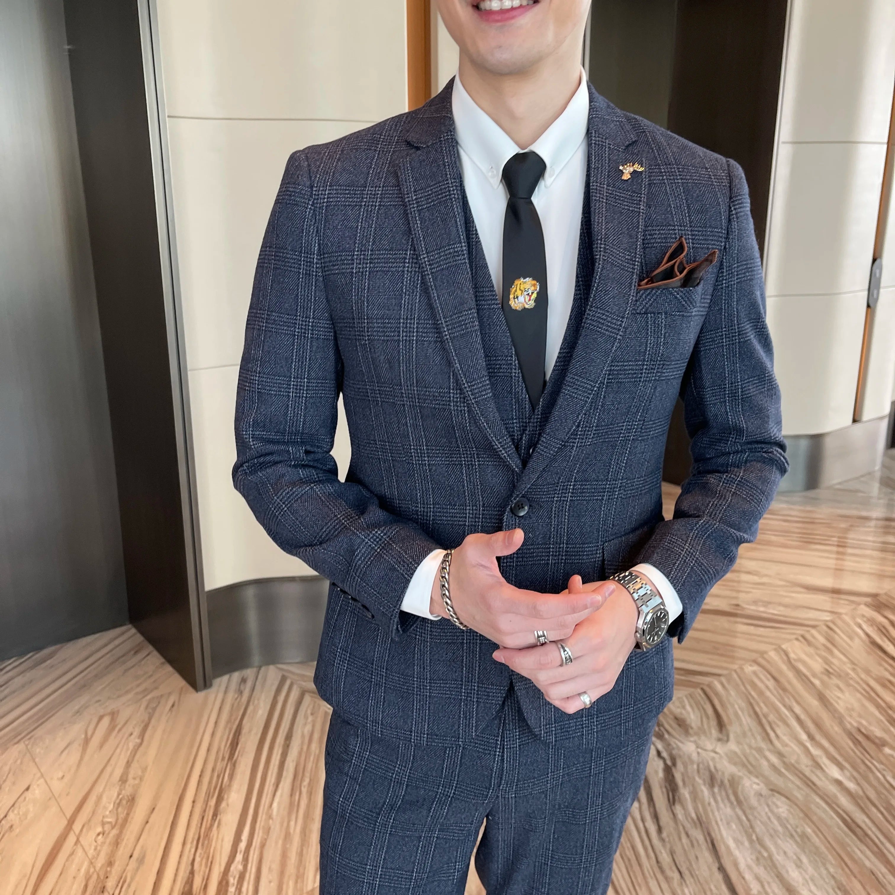 Abito da uomo in tre pezzi scozzese modificato di alta qualità in stile coreano britannico - Set di gilet e pantaloni eleganti da lavoro casual