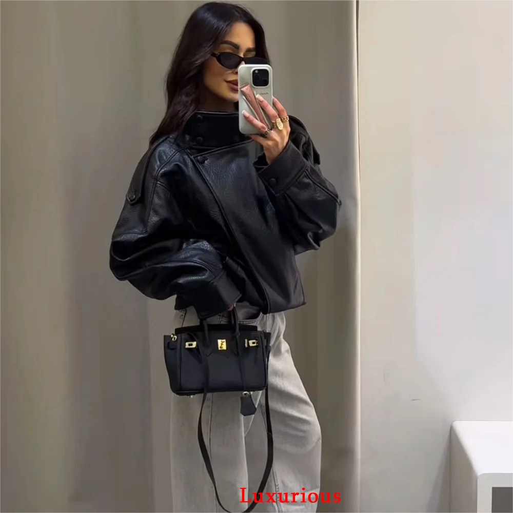 KONDALA Casual Chic Giacche di pelle nera Donna Manica lunga Bottoni Elastico Cappotti oversize Moda 2025 Autunno Cappotti streetwear