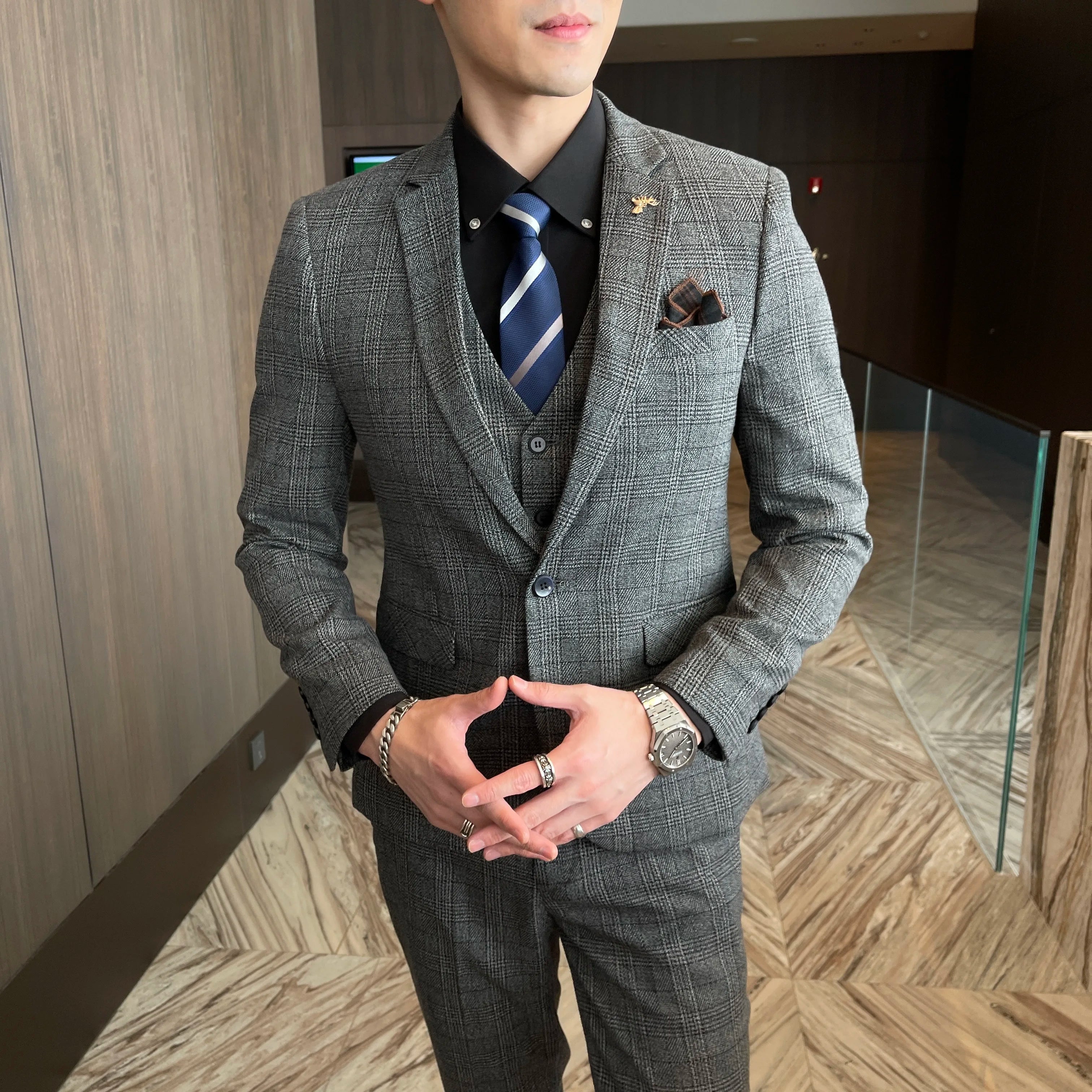 Abito da uomo in tre pezzi scozzese modificato di alta qualità in stile coreano britannico - Set di gilet e pantaloni eleganti da lavoro casual