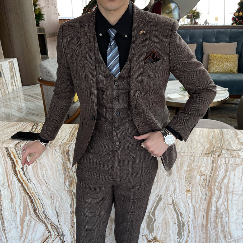 Men's British - Korean Plaid 3 - Piece Suit - Slim Fit Business Set - StepByStepNow