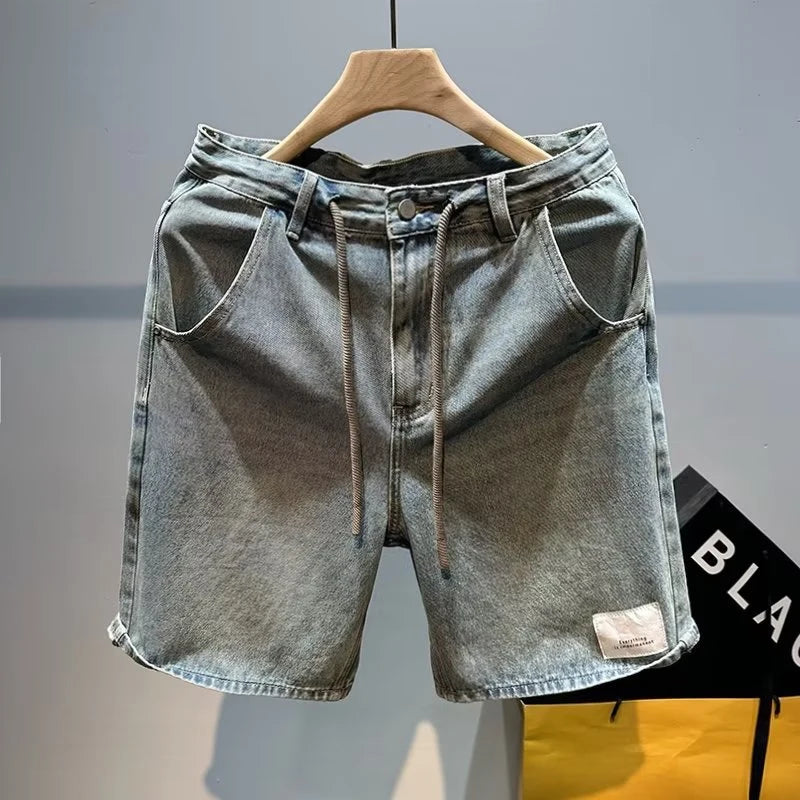 2026 Mens Straight Leg Blue Denim Shorts Summer Casual Five Inch Beach Shorts Thin Lightweight Y2K Vintage Japanese Relaxed Fit
