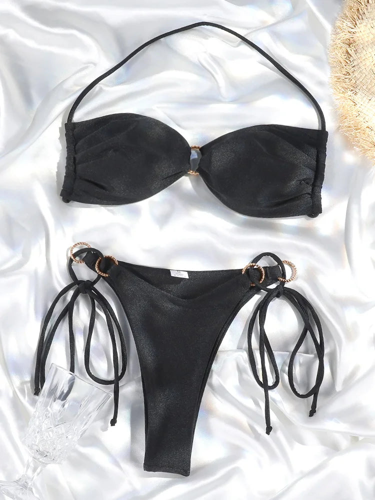 Miyouj Push Up Bikinis Solid Color Swimsuit Women' Swimwear Rings Bikini Bandage Beachwear Two Piece Suit 2026 Sexy Bathing Suit