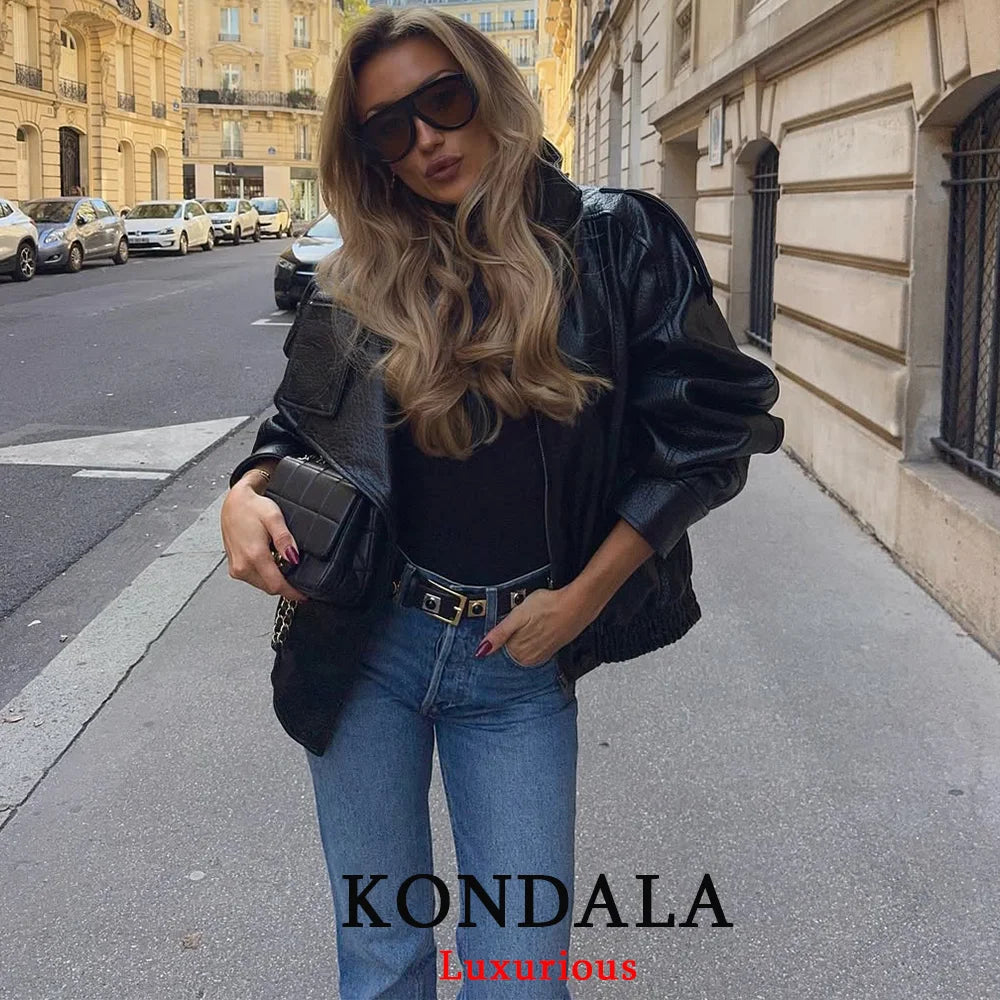 KONDALA Casual Chic Giacche di pelle nera Donna Manica lunga Bottoni Elastico Cappotti oversize Moda 2025 Autunno Cappotti streetwear