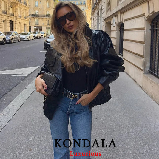 KONDALA Casual Chic Giacche di pelle nera Donna Manica lunga Bottoni Elastico Cappotti oversize Moda 2025 Autunno Cappotti streetwear