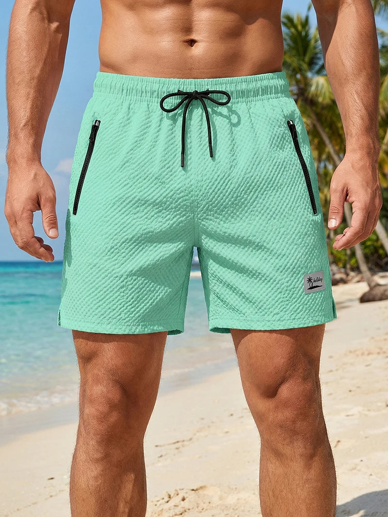Men's Seersucker Beach Shorts with Mesh Liner Summer Casual Board Shorts with Zipper Pockets Quick Dry Swim Shorts Swim Trunks
