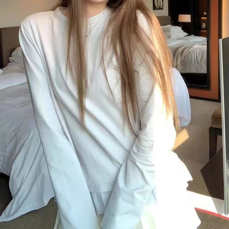 Camicia a maniche lunghe con orlo in pizzo dolce e pieghe Donna Autunno e inverno Sle coreano Semplice e versatile