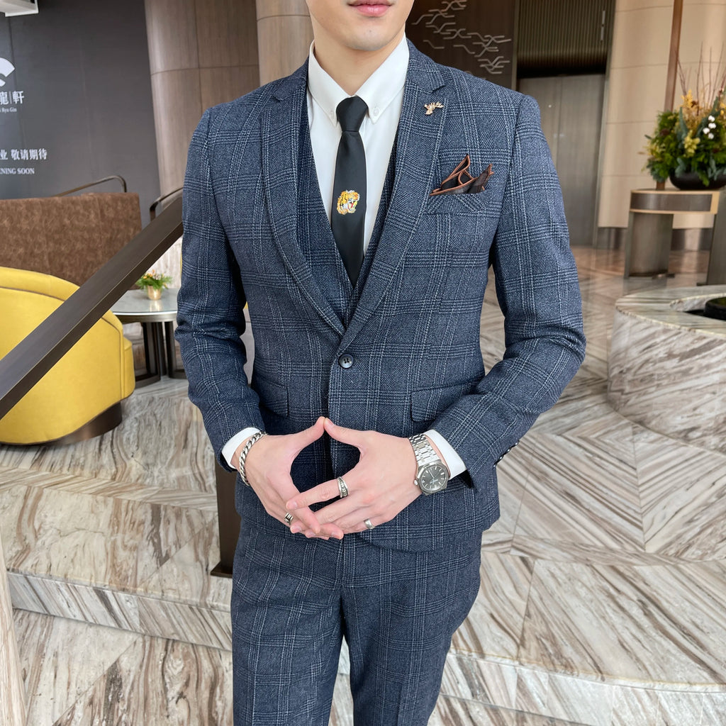 Men's British - Korean Plaid 3 - Piece Suit - Slim Fit Business Set - StepByStepNow