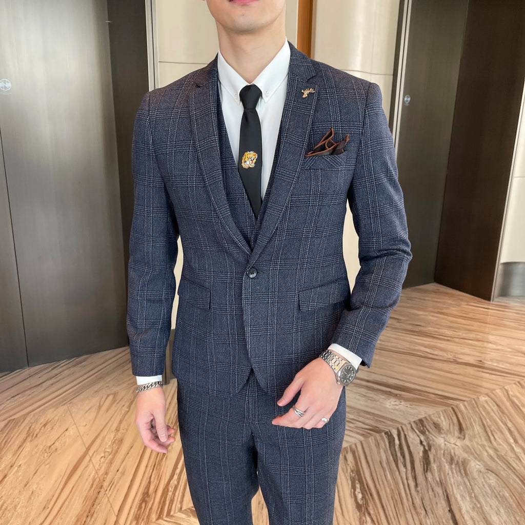 Men's British - Korean Plaid 3 - Piece Suit - Slim Fit Business Set - StepByStepNow