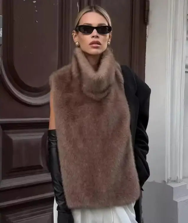2025 New Fashion Pelliccia sintetica Sable Vest Crop Top Autunno Inverno Dolcevita Eco Pelliccia di visone Canotte Giacca senza maniche Cappotto