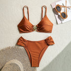 Women's 2026 New Sexy Shell Metal Button Bikini Set Solid Color Push Up Halter Two Piece Swimwear Summer Beach Bathing Suit