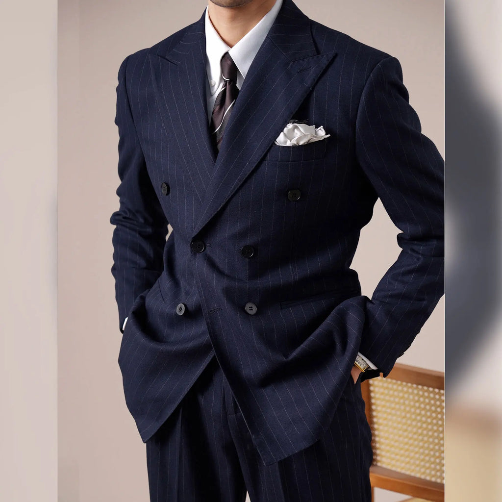 Navy Blue Striped Groom Suit – High Quality Double Breasted 2-Piece Wedding Tuxedo