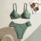 Women's 2026 New Sexy Shell Metal Button Bikini Set Solid Color Push Up Halter Two Piece Swimwear Summer Beach Bathing Suit