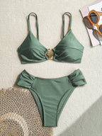 Women's 2026 New Sexy Shell Metal Button Bikini Set Solid Color Push Up Halter Two Piece Swimwear Summer Beach Bathing Suit