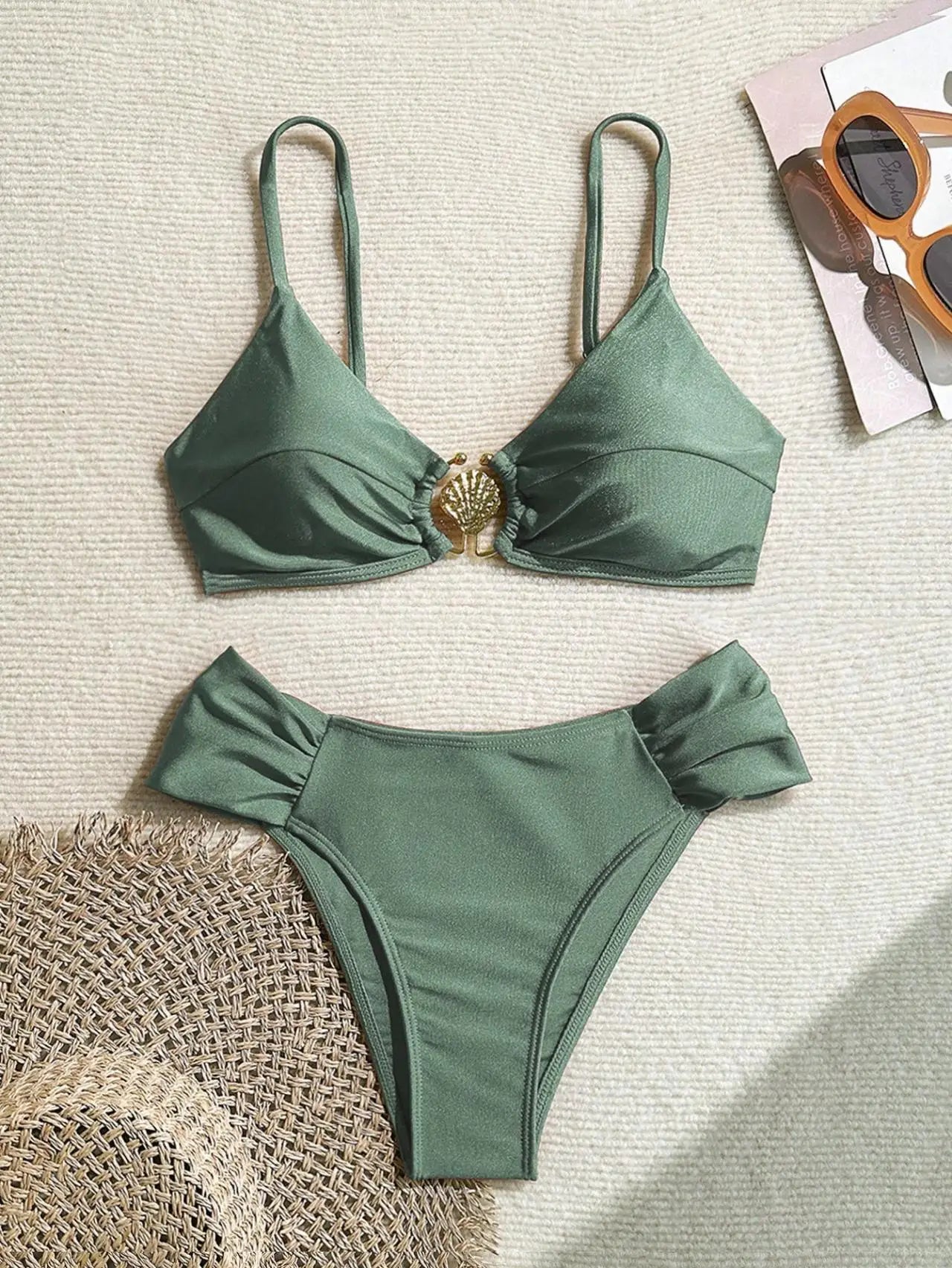 Women's 2026 New Sexy Shell Metal Button Bikini Set Solid Color Push Up Halter Two Piece Swimwear Summer Beach Bathing Suit