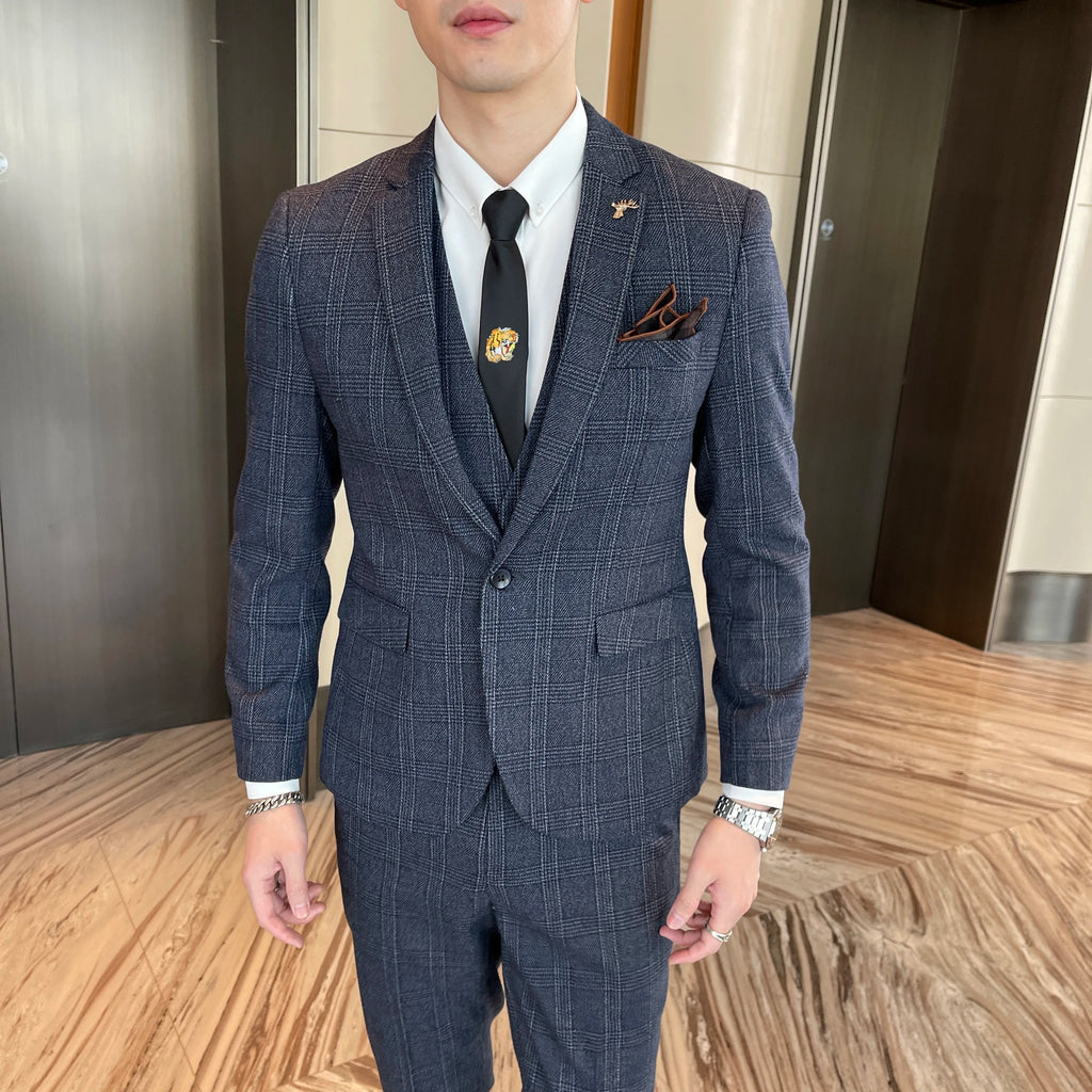 Abito da uomo in tre pezzi scozzese modificato di alta qualità in stile coreano britannico - Set di gilet e pantaloni eleganti da lavoro casual