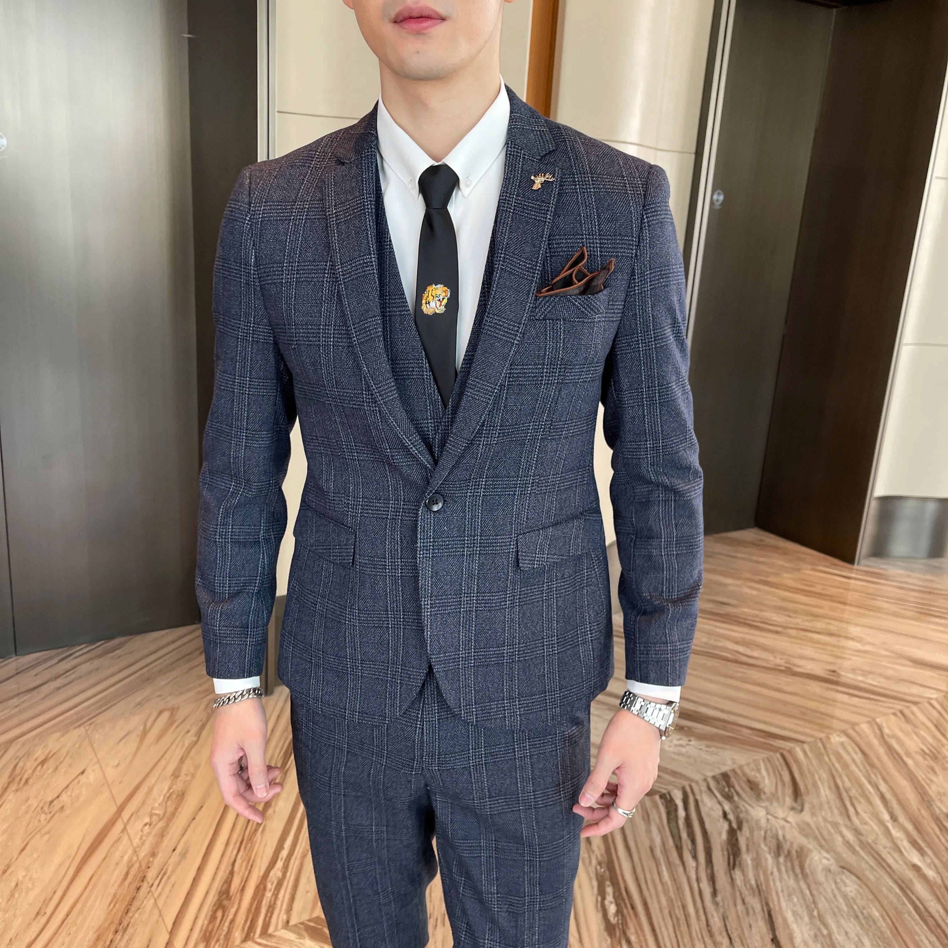 Abito da uomo in tre pezzi scozzese modificato di alta qualità in stile coreano britannico - Set di gilet e pantaloni eleganti da lavoro casual