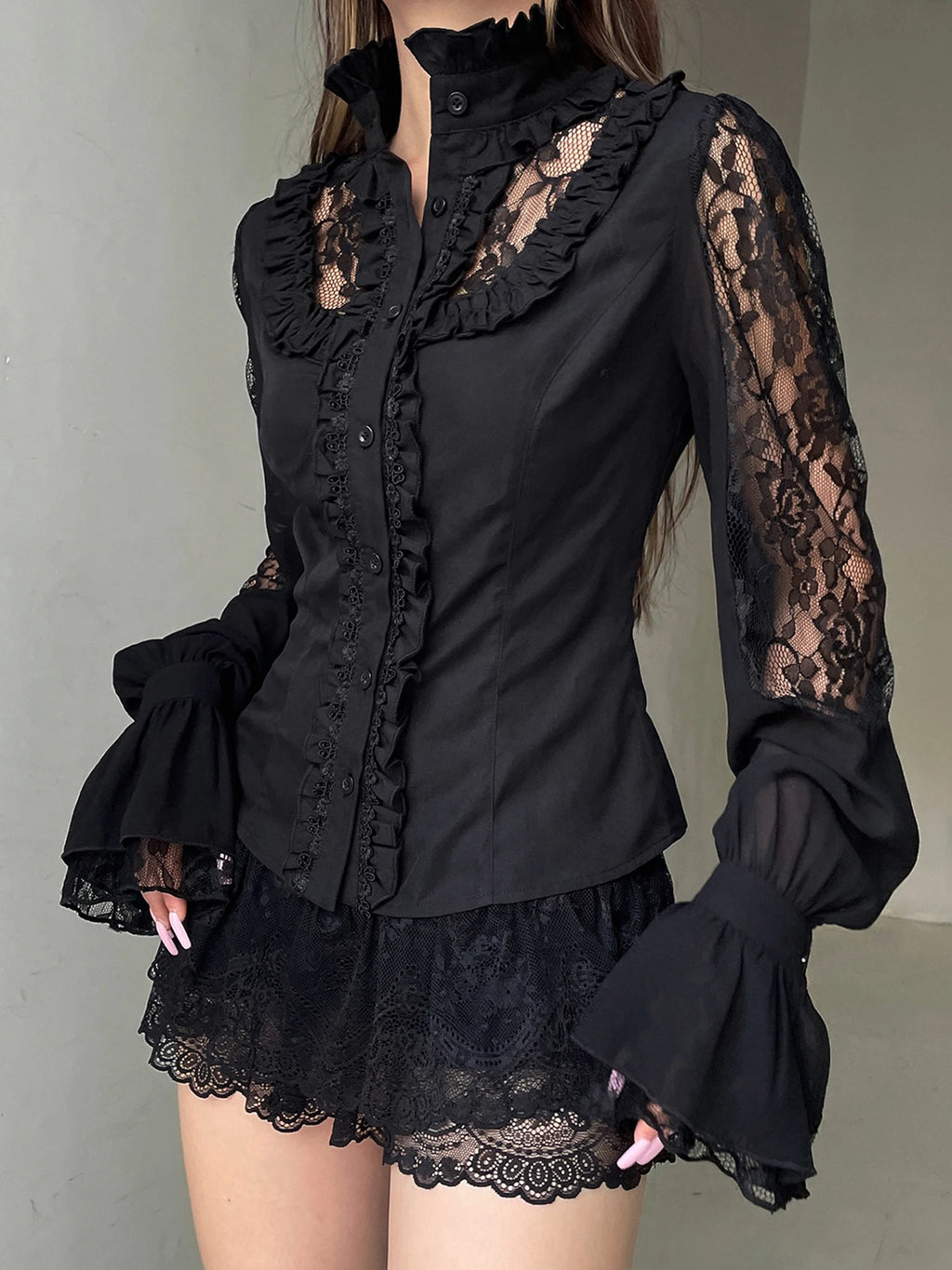 Elegante camicetta ricamata floreale a maniche lunghe con scollo a V Top patchwork in pizzo