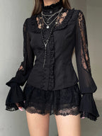 Elegante camicetta ricamata floreale a maniche lunghe con scollo a V Top patchwork in pizzo