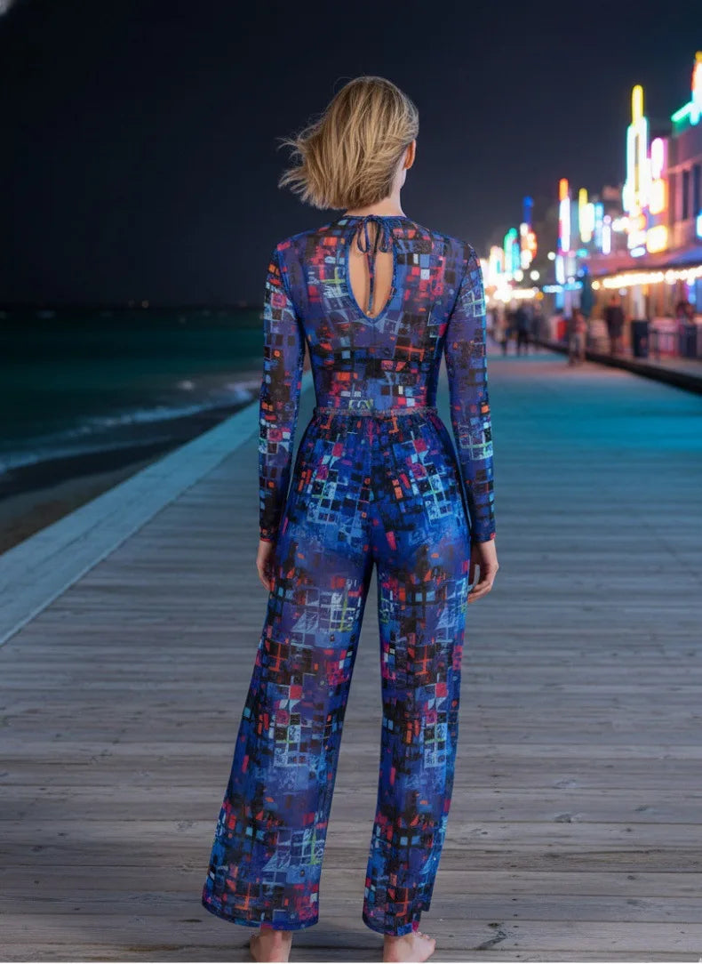 Women's Long Sleeve One Piece Swimsuit UPF 50+ Swimwear with Pants Quick-Dry Bathing Suit Floral Beachwear Beach Bathing Suit