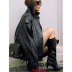 KONDALA Casual Chic Giacche di pelle nera Donna Manica lunga Bottoni Elastico Cappotti oversize Moda 2025 Autunno Cappotti streetwear