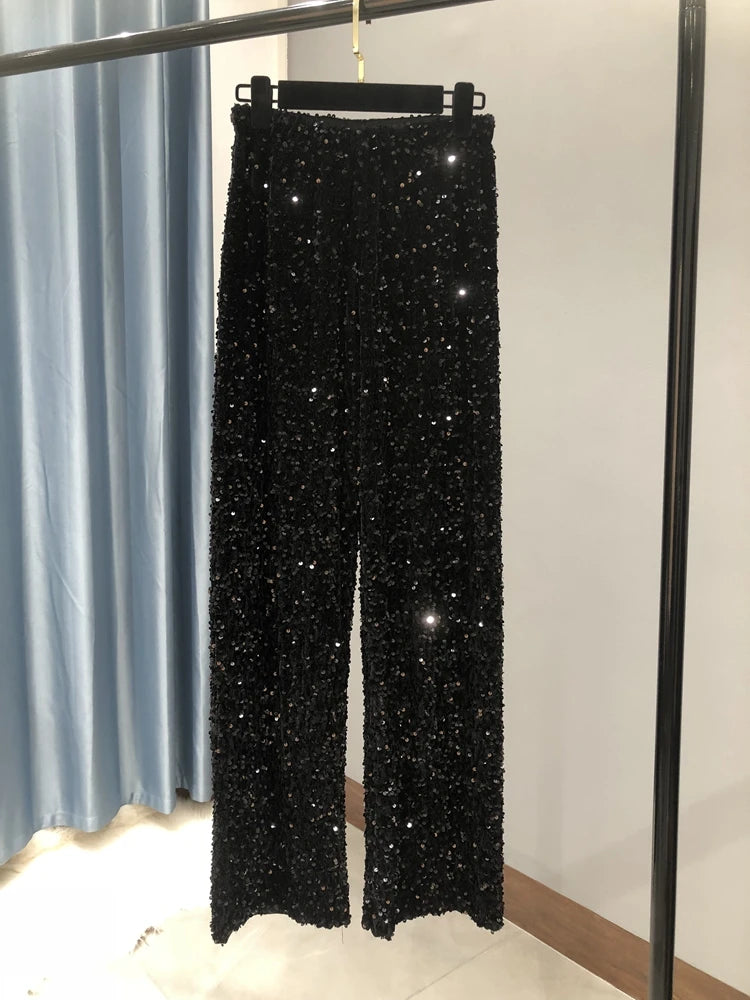 Women's Sparkly Gold Sequin Wide Leg Pants - High Waist Fit