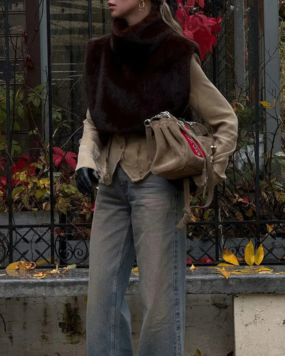 2025 New Fashion Pelliccia sintetica Sable Vest Crop Top Autunno Inverno Dolcevita Eco Pelliccia di visone Canotte Giacca senza maniche Cappotto