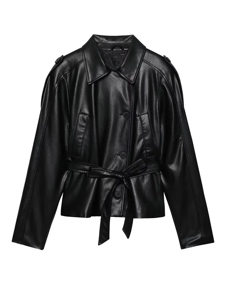 DiYiG DONNA 2025 Autunno Nuova Moda Imitazione Pelle Effetto Giacca Retro Manica Lunga Joker Cintura Giacca Della Tuta Sportiva Mujer