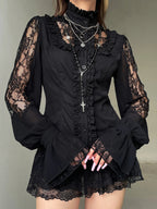 Elegante camicetta ricamata floreale a maniche lunghe con scollo a V Top patchwork in pizzo