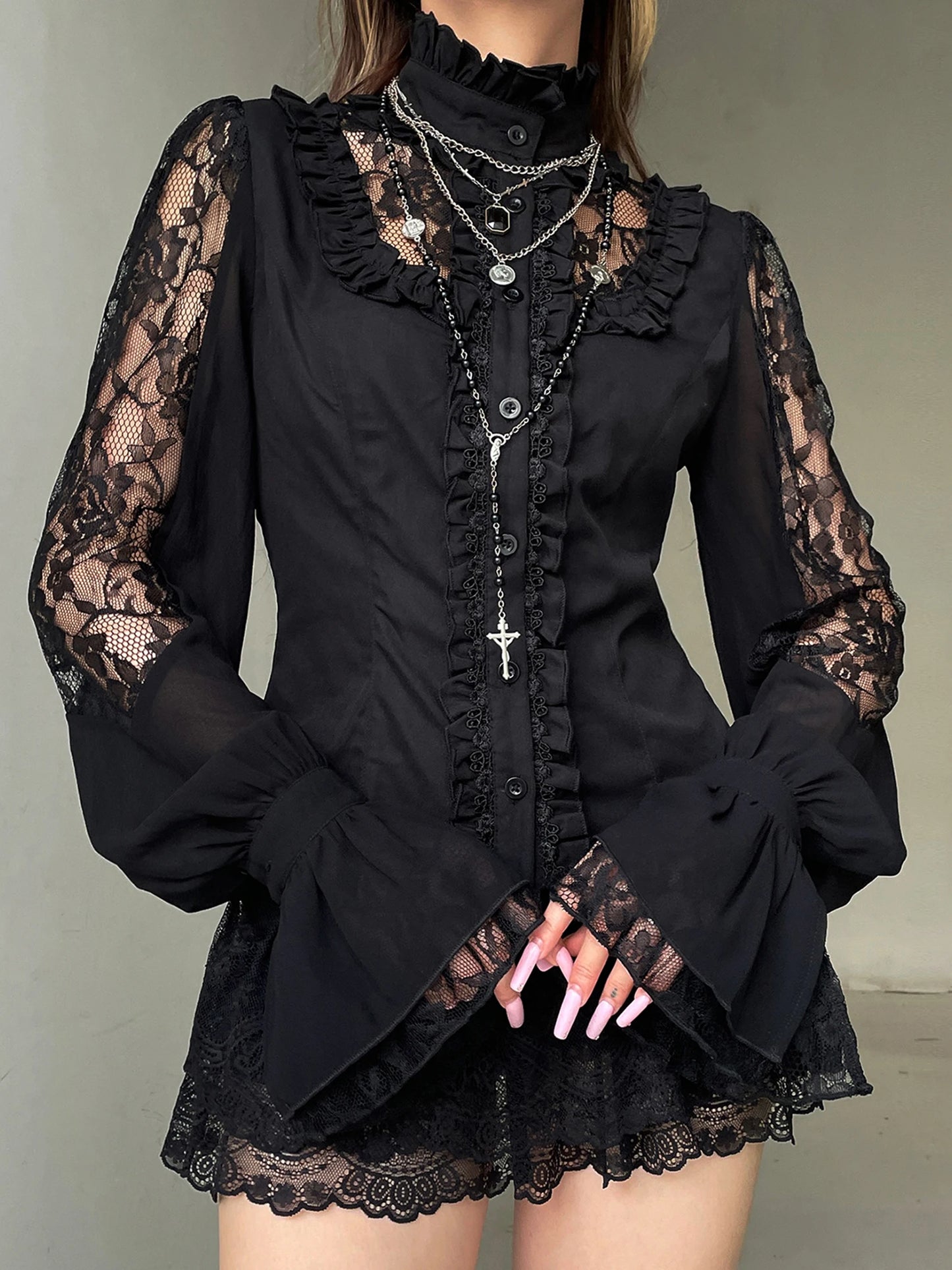 Elegante camicetta ricamata floreale a maniche lunghe con scollo a V Top patchwork in pizzo