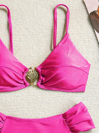 Women's 2026 New Sexy Shell Metal Button Bikini Set Solid Color Push Up Halter Two Piece Swimwear Summer Beach Bathing Suit