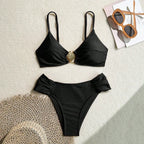 Women's 2026 New Sexy Shell Metal Button Bikini Set Solid Color Push Up Halter Two Piece Swimwear Summer Beach Bathing Suit