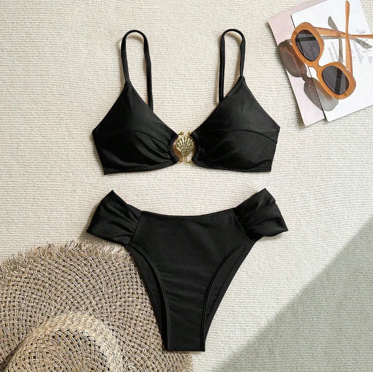 Women's 2026 New Sexy Shell Metal Button Bikini Set Solid Color Push Up Halter Two Piece Swimwear Summer Beach Bathing Suit