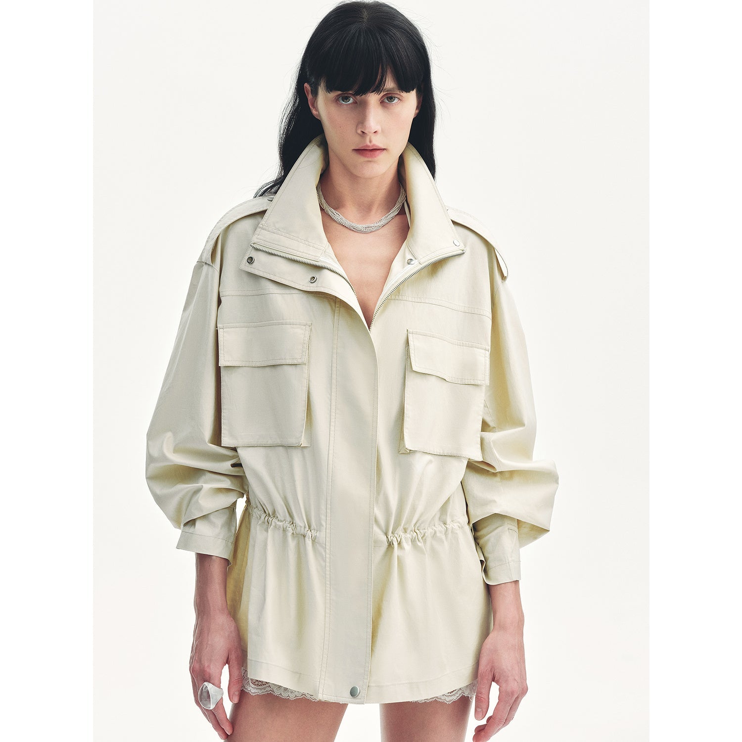 "Relaxed Toning" Lightly Coated Drawstring Waisted Outerwear Summer-4