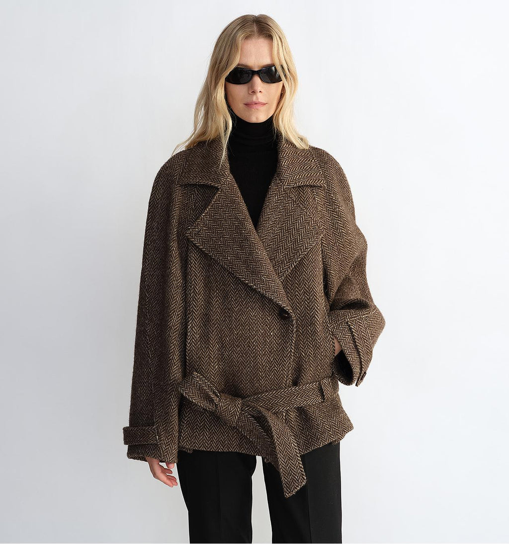"Warm Cocoon" Italian Herringbone Wool Classic Lapel Micro-coon Short Wool Coat for Women-0