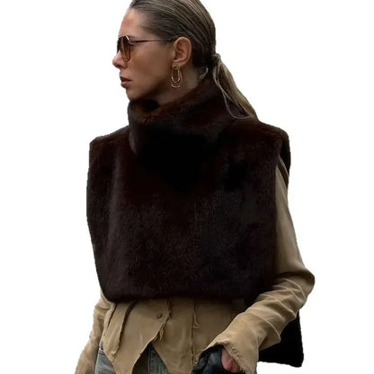 2025 New Fashion Pelliccia sintetica Sable Vest Crop Top Autunno Inverno Dolcevita Eco Pelliccia di visone Canotte Giacca senza maniche Cappotto