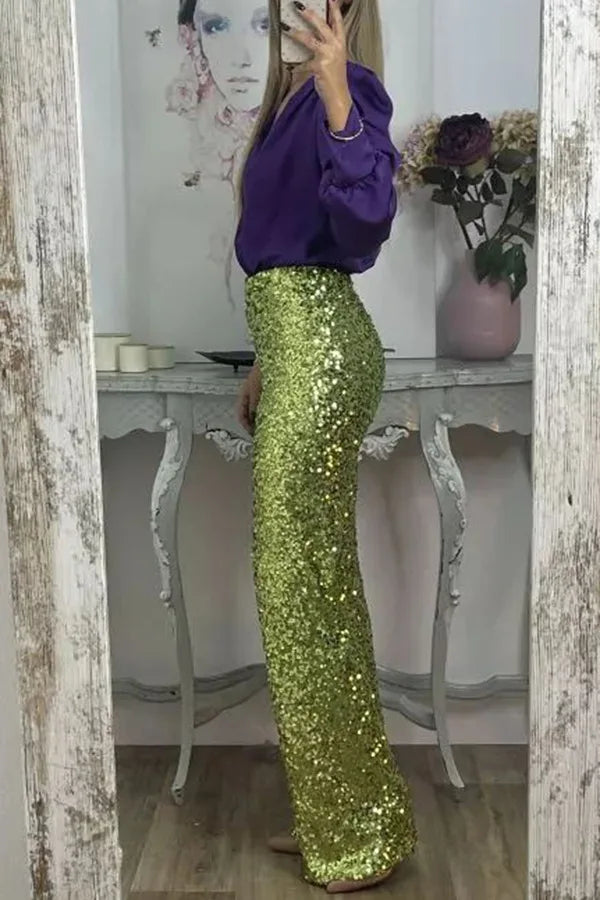 Multicolor Sequin Flared Pants - Women's Slim Fit Party Wear - StepByStepNow