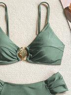 Women's 2026 New Sexy Shell Metal Button Bikini Set Solid Color Push Up Halter Two Piece Swimwear Summer Beach Bathing Suit