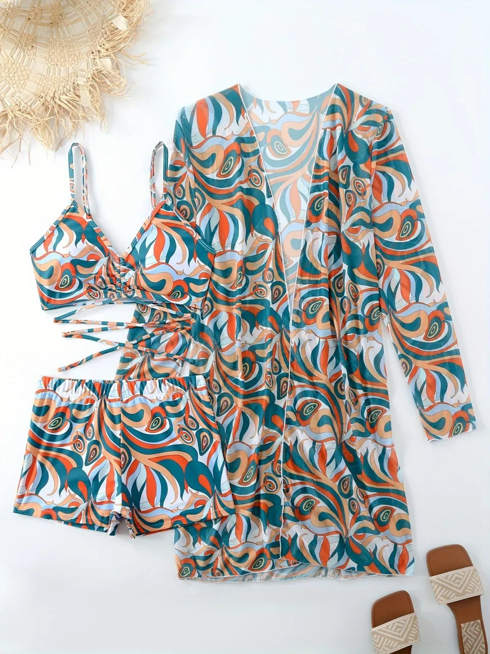 3 Pieces Tie Dye Bikinis Swimsuit 2026 New Women Drawstring Front Swimwear Female High Waist Shorts Bathers Swim Suit Beachwear