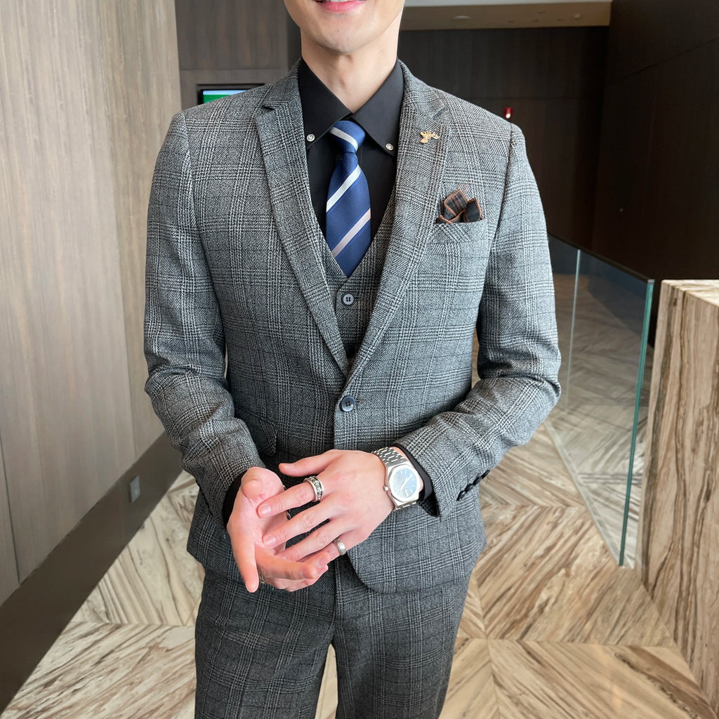 Men's British - Korean Plaid 3 - Piece Suit - Slim Fit Business Set - StepByStepNow