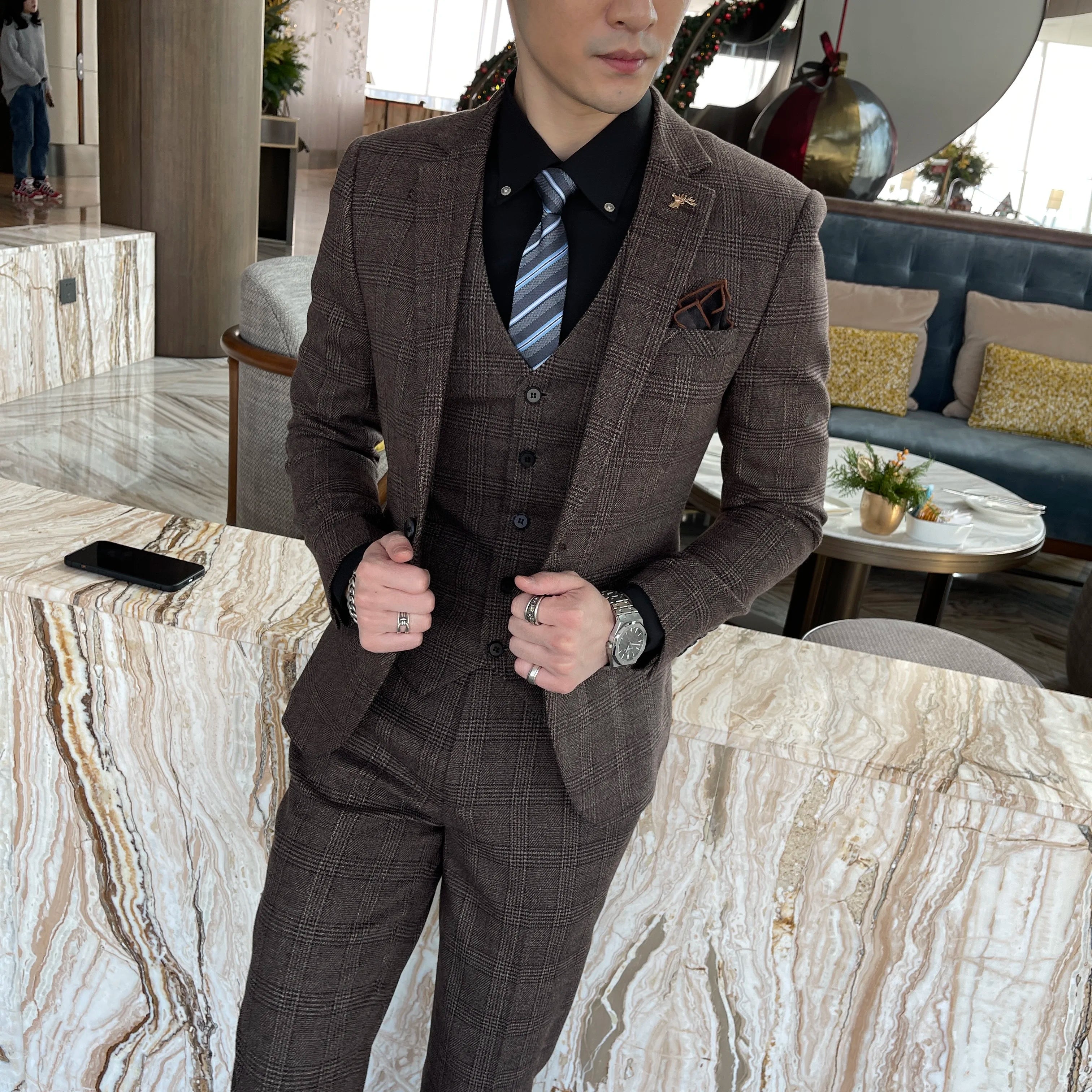 Abito da uomo in tre pezzi scozzese modificato di alta qualità in stile coreano britannico - Set di gilet e pantaloni eleganti da lavoro casual