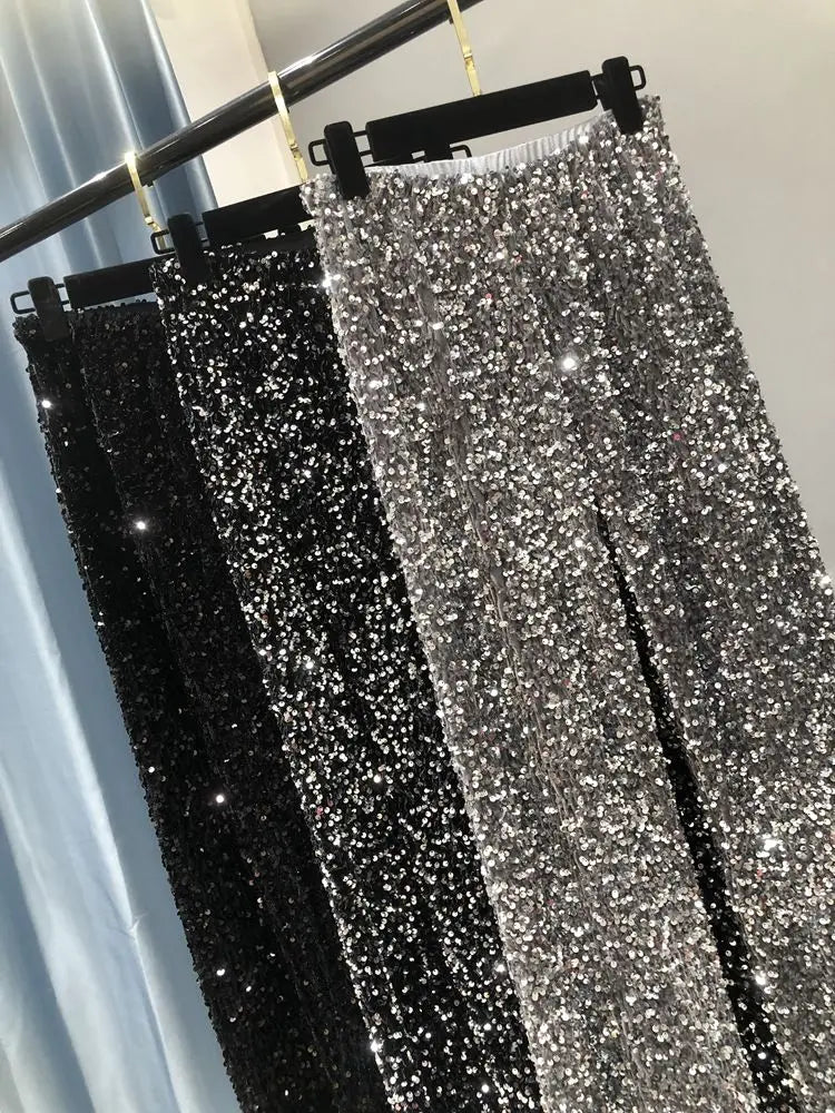 Women's Sparkly Gold Sequin Wide Leg Pants - High Waist Fit