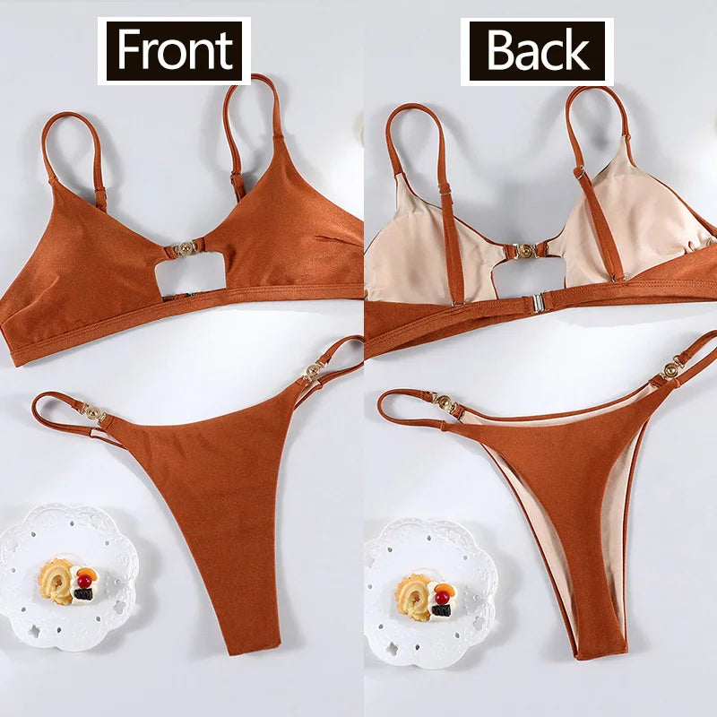 Miyouj Push Up Bikinis Solid Color Swimsuit Women' Swimwear Rings Bikini Bandage Beachwear Two Piece Suit 2026 Sexy Bathing Suit