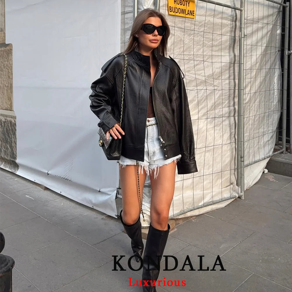 KONDALA Casual Chic Giacche di pelle nera Donna Manica lunga Bottoni Elastico Cappotti oversize Moda 2025 Autunno Cappotti streetwear