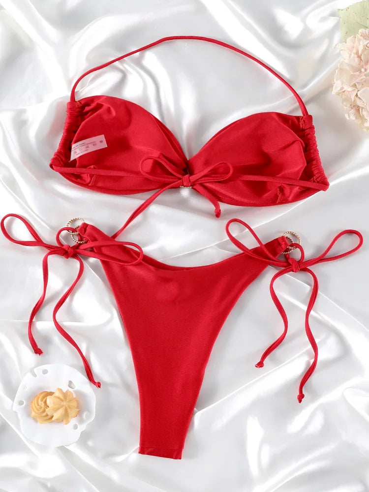 Miyouj Push Up Bikinis Solid Color Swimsuit Women' Swimwear Rings Bikini Bandage Beachwear Two Piece Suit 2026 Sexy Bathing Suit