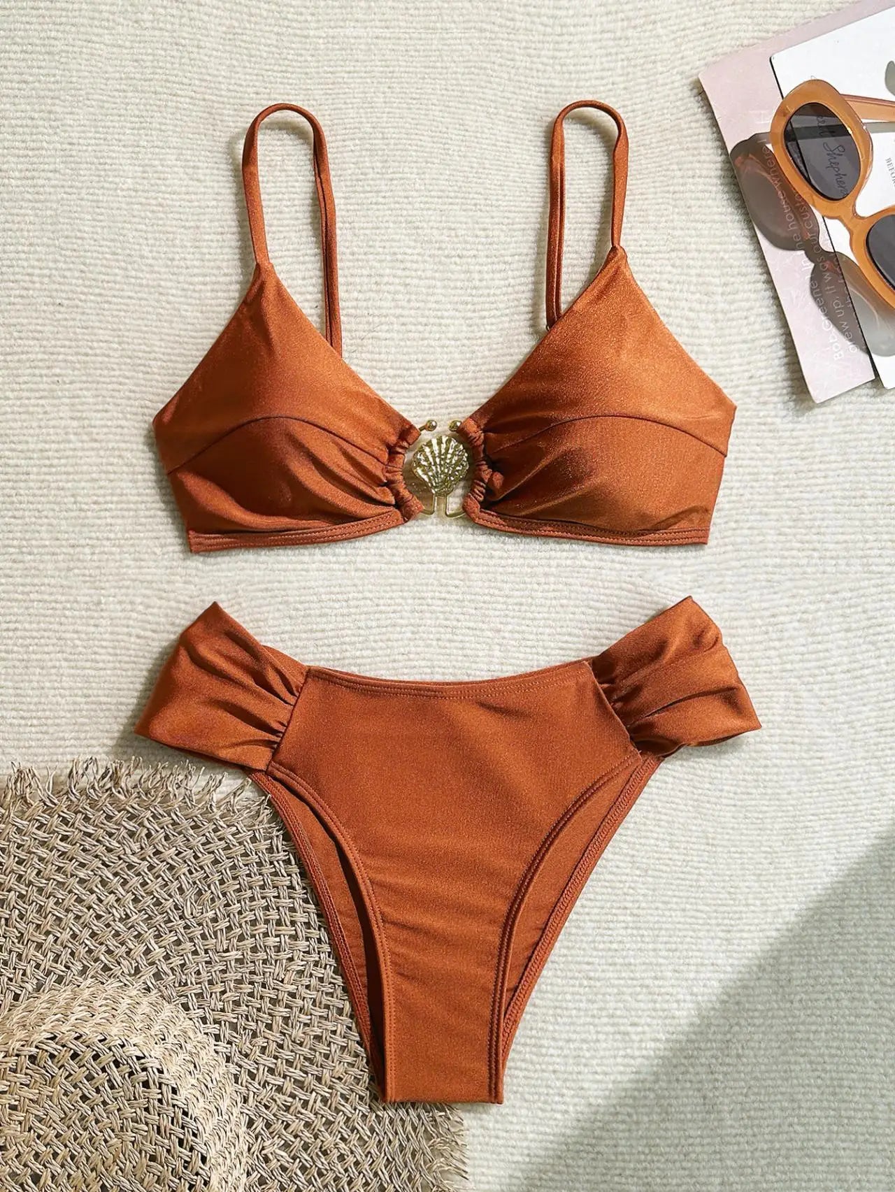 Women's 2026 New Sexy Shell Metal Button Bikini Set Solid Color Push Up Halter Two Piece Swimwear Summer Beach Bathing Suit