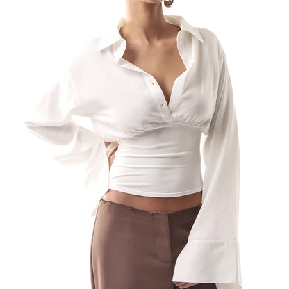 Camicetta con risvolto Donna Monopetto Manica lunga Skinny Tendenza autunnale Top eleganti