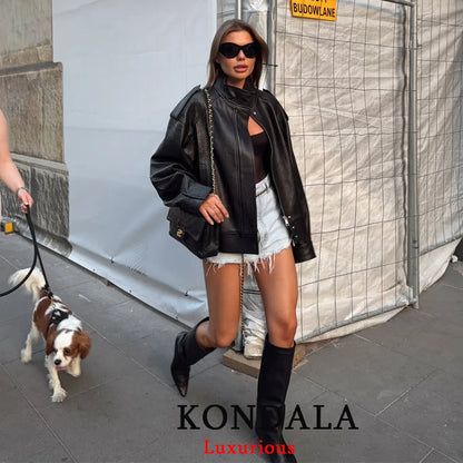 KONDALA Casual Chic Giacche di pelle nera Donna Manica lunga Bottoni Elastico Cappotti oversize Moda 2025 Autunno Cappotti streetwear