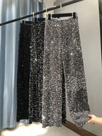 Women's Sparkly Gold Sequin Wide Leg Pants - High Waist Fit