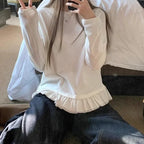 Camicia a maniche lunghe con orlo in pizzo dolce e pieghe Donna Autunno e inverno Sle coreano Semplice e versatile