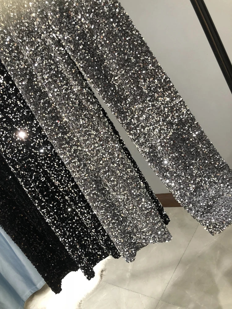 Women's Sparkly Gold Sequin Wide Leg Pants - High Waist Fit